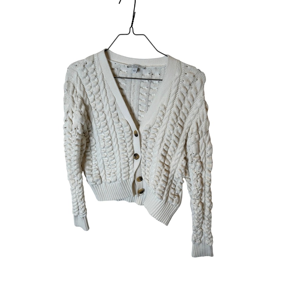 Ann Taylor Weekend Womens Cream‎ 100% Cotton Chunky Cable Bobble Knit Cardigan L